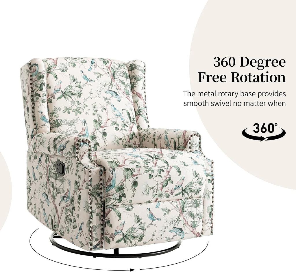 Swivel Rocker Recliner Chairs Set of 2, 360° Swivel Wingback Recliner Chairs for Adults, Upholstered Printed Fabric Glider Rocking Chair with High Back, Deep Seat for Living Romm Bedroom, Bird
