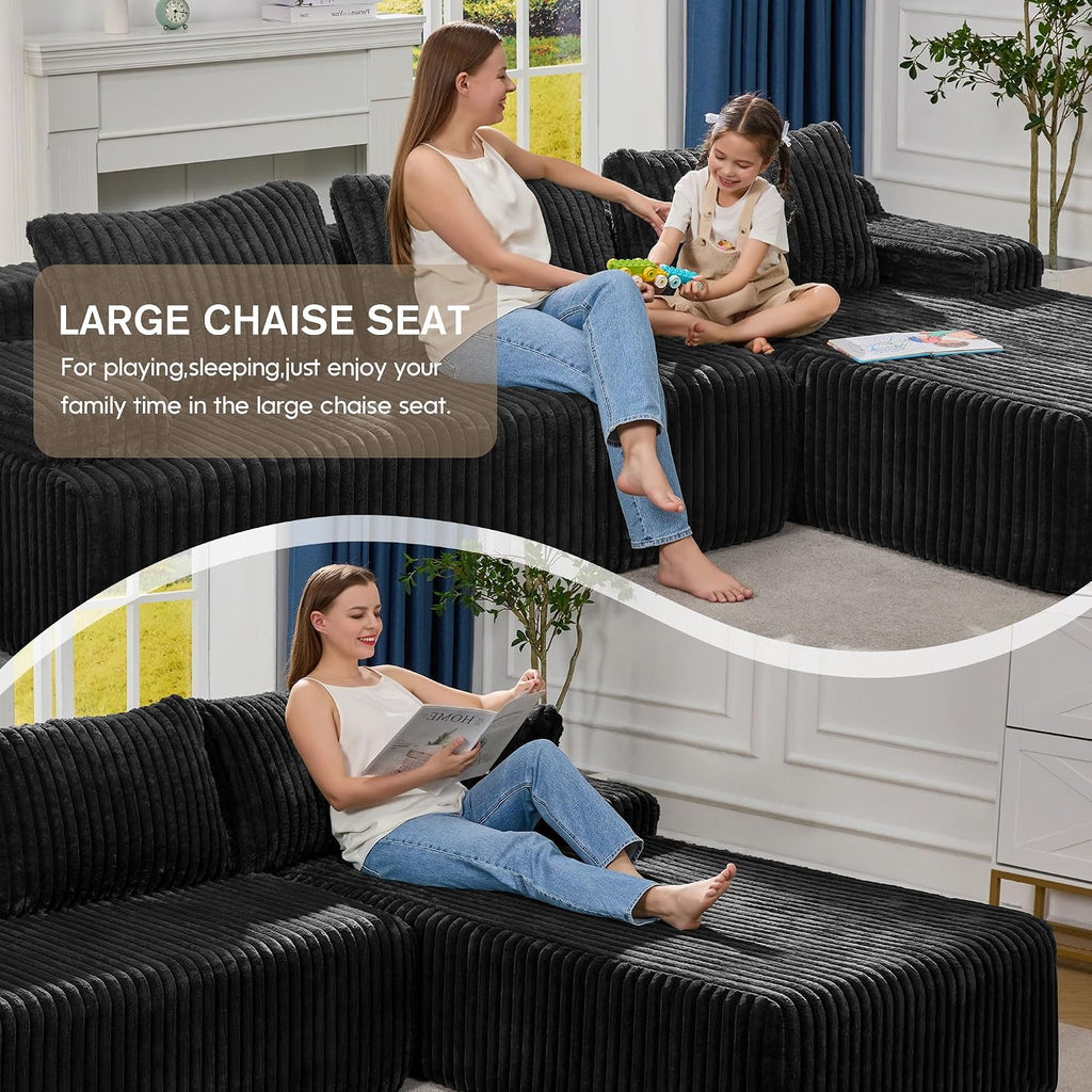 Modular Sectional Sofa Couches L-Shape Couch 3 Seat Modular Sofa Memory Foam Sectional Couches for Living Room, Cloud Couch with Oversized Chaise (Black Stripe, 108' Right Facing Chaise)