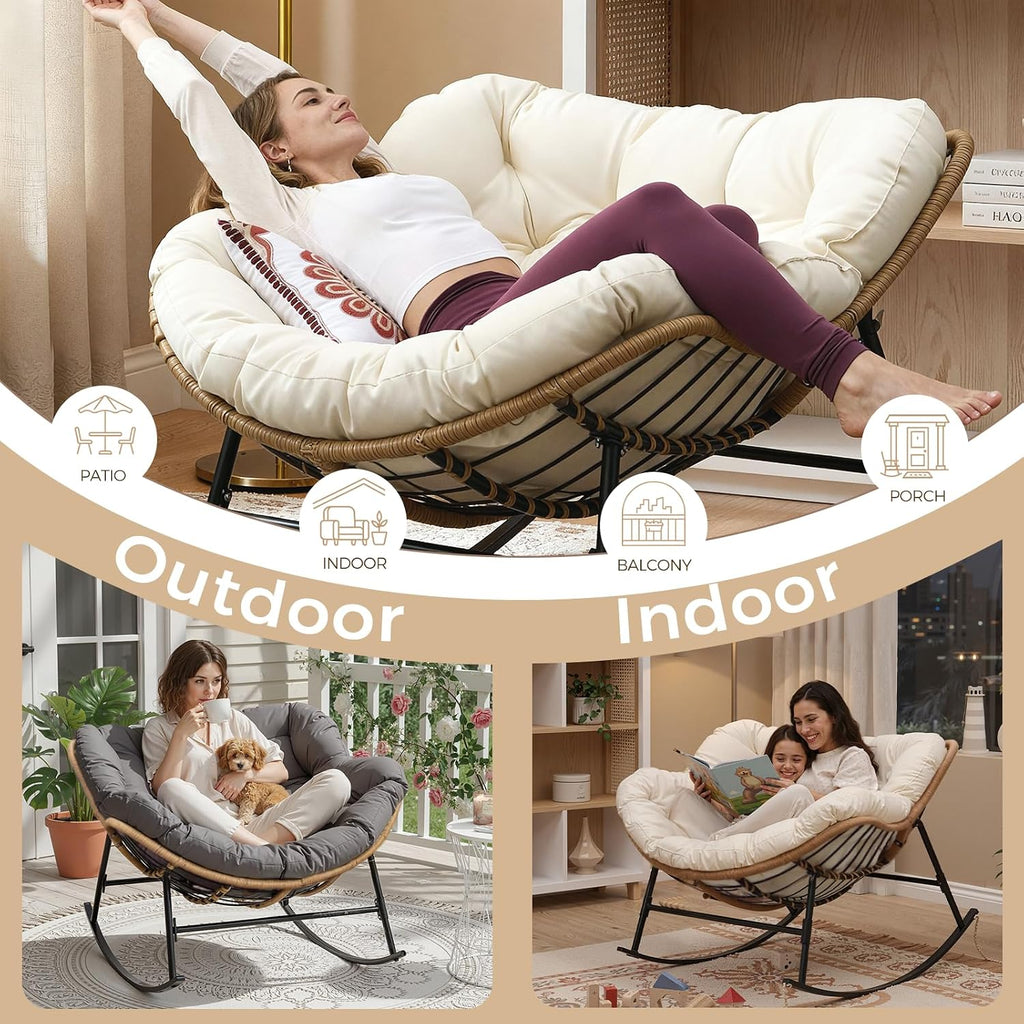 FINCATI 2 PCS Indoor Outdoor Oversized Rocking Chair, 450 lbs Large Comfy Papasan w/Cushion and Frame, Cozy Patio Wicker Egg Rocker, Reading Padded Glider for Balcony Porch Garden Living Room, Beige