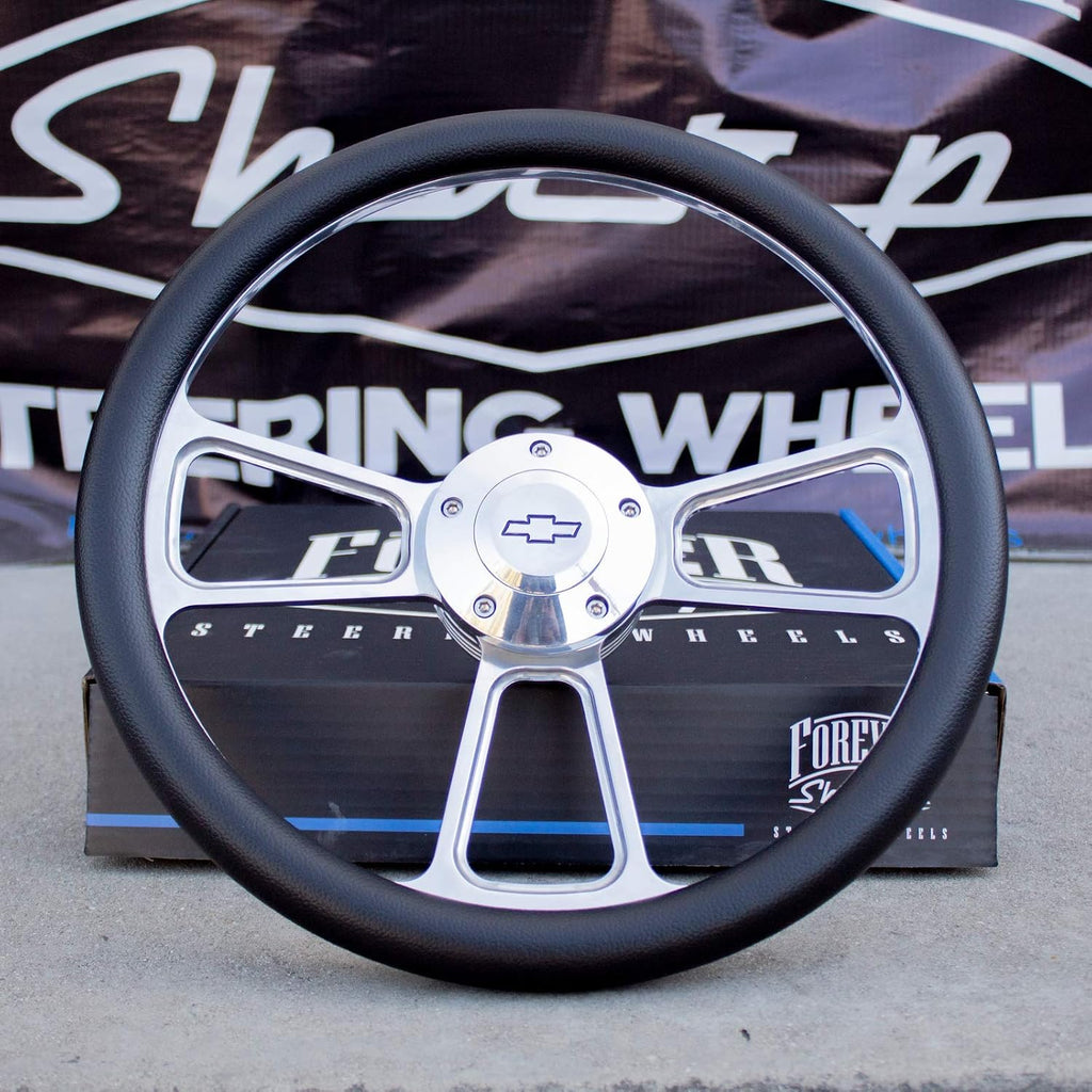 14' Billet Steering Wheel + Adapter for Chevy 69-94 - Leather Wrap + Chevy Horn