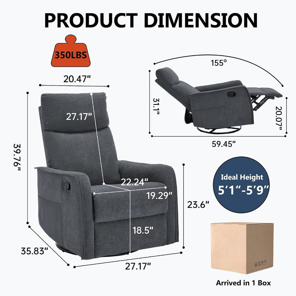 PELUMY 360 Swivel Rocking Recliner Chair for Adults, Nursery Rocking Chair with Heat and Massage, Glider Reclining Chair for Small Space, Living Room, Bedroom (Dark Grey)