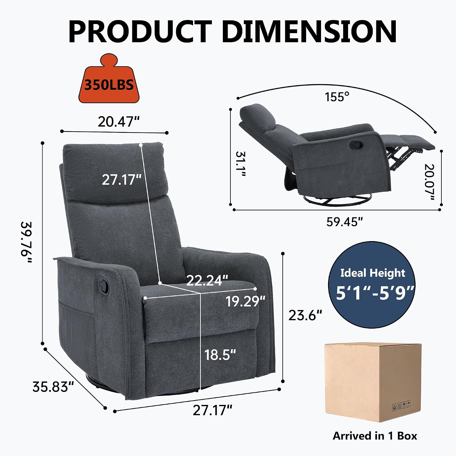 PELUMY 360 Swivel Rocking Recliner Chair for Adults, Nursery Rocking Chair with Heat and Massage, Glider Reclining Chair for Small Space, Living Room, Bedroom (Dark Grey)