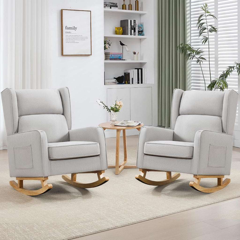 HCHAIRH Nursery Rocking Chairs, Rocking Chair Nursery for Mom Nursery Rocker with High Backrest and Solid Wood Legs, Modern Wingback Accent Chair Set of 2 for Reading Living Room Bedroom, Light Grey