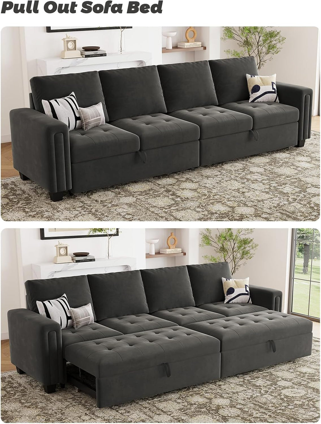 Belffin Modular Sectional Sleeper Sofa with Pull Out Bed Convertible Velvet Sleeper Sofa with Storage Sectional Couches for Living Room Grey