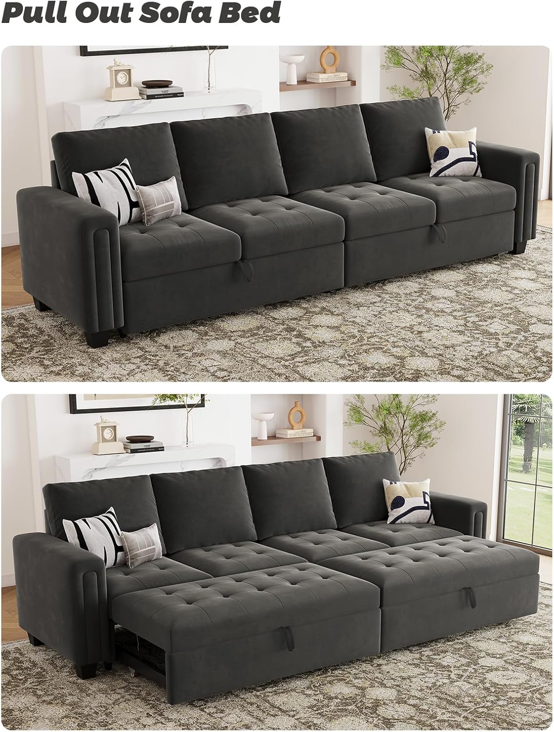 Belffin Modular Sectional Sleeper Sofa with Pull Out Bed Convertible Velvet Sleeper Sofa with Storage Sectional Couches for Living Room Grey