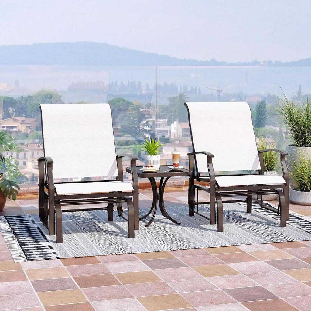 Tangkula Porch Gliders Set of 2, Outdoor Swing Glider Chairs with High Back, Breathable Mesh Fabric and Metal Frame, Patio Rocking Chairs for Backyard Garden Balcony Poolside (Off White)