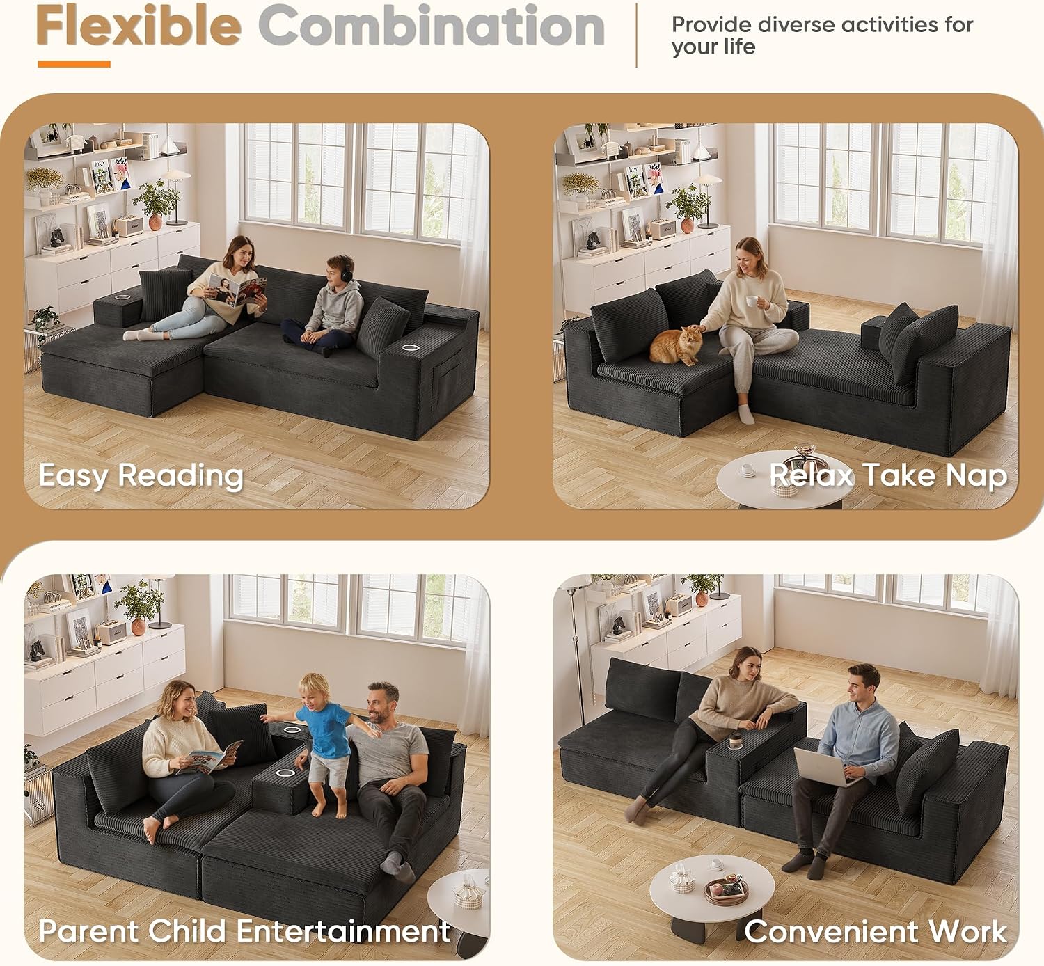 Homall 109' Boneless Couch with Memory Foam, Modular Sectional Sofa with L-Shape Chaise, Cloud Couch with Deep Seat, Dual Cup Holders & Side Pockets, No Assembly Required (Black)