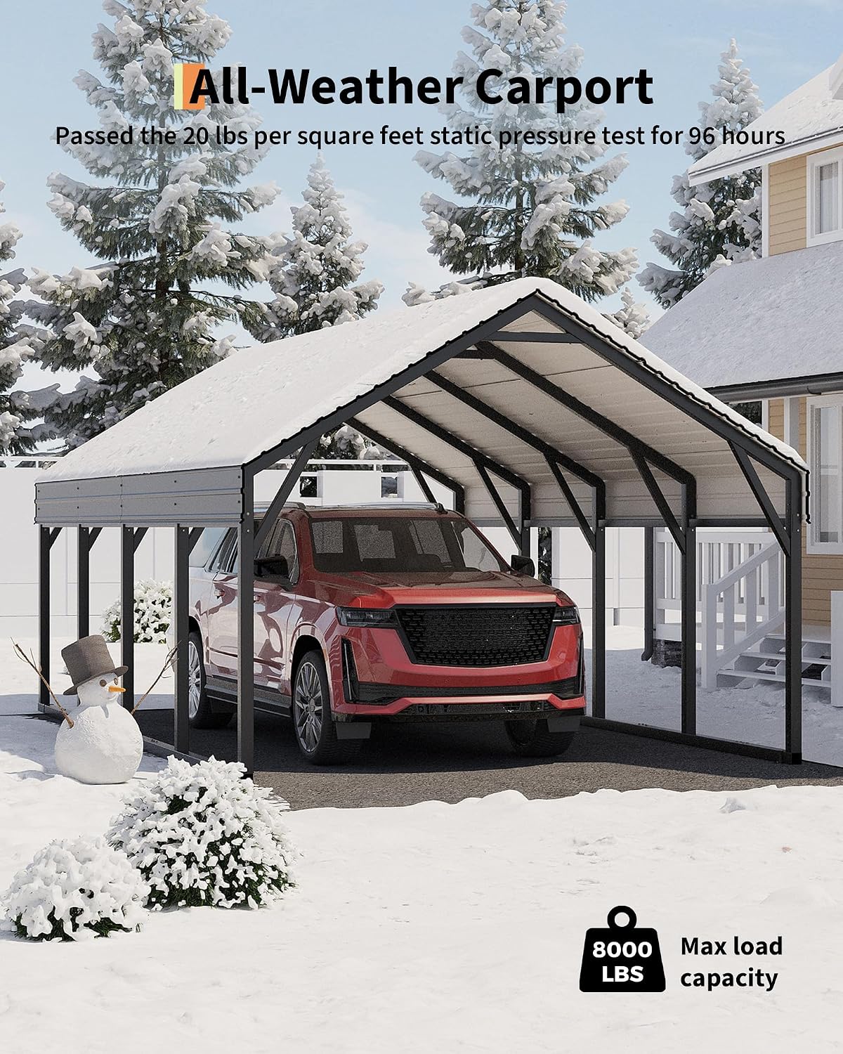 GarveeLife 12x20 ft Metal Carport, Reinforced Frame and Steel Roof for All-Weather Use, Permanent Shelter for Bass Boats, Full-Sized Pickup Trucks, and Tractors