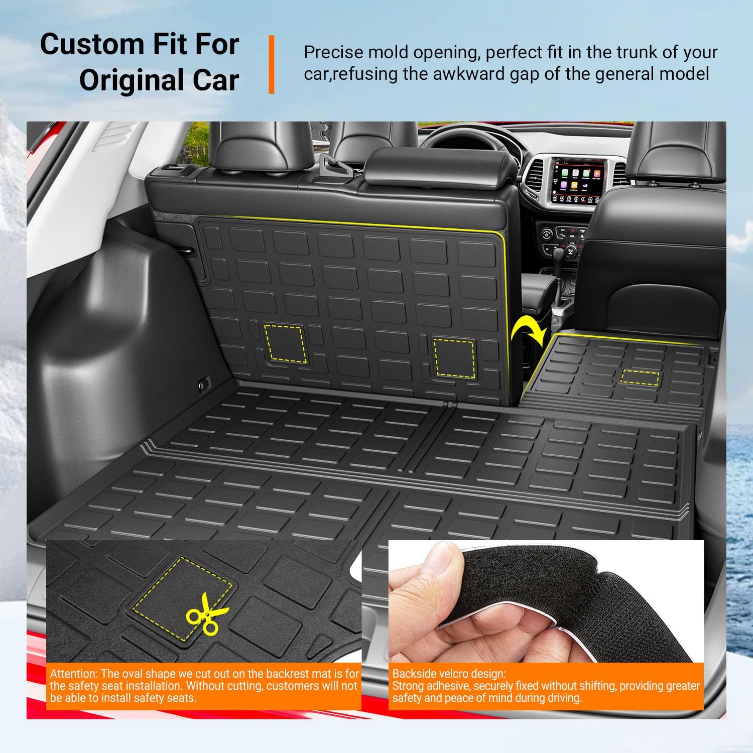 powoq Floor Mats Compatible with 2019-2023 Jeep Cherokee Cargo Mat Floor Liner Replacement for 2019-2023 Jeep Cherokee Accessories (Not for Grand Models) (Trunk Mat+Backrest Mat+Floor Mats)