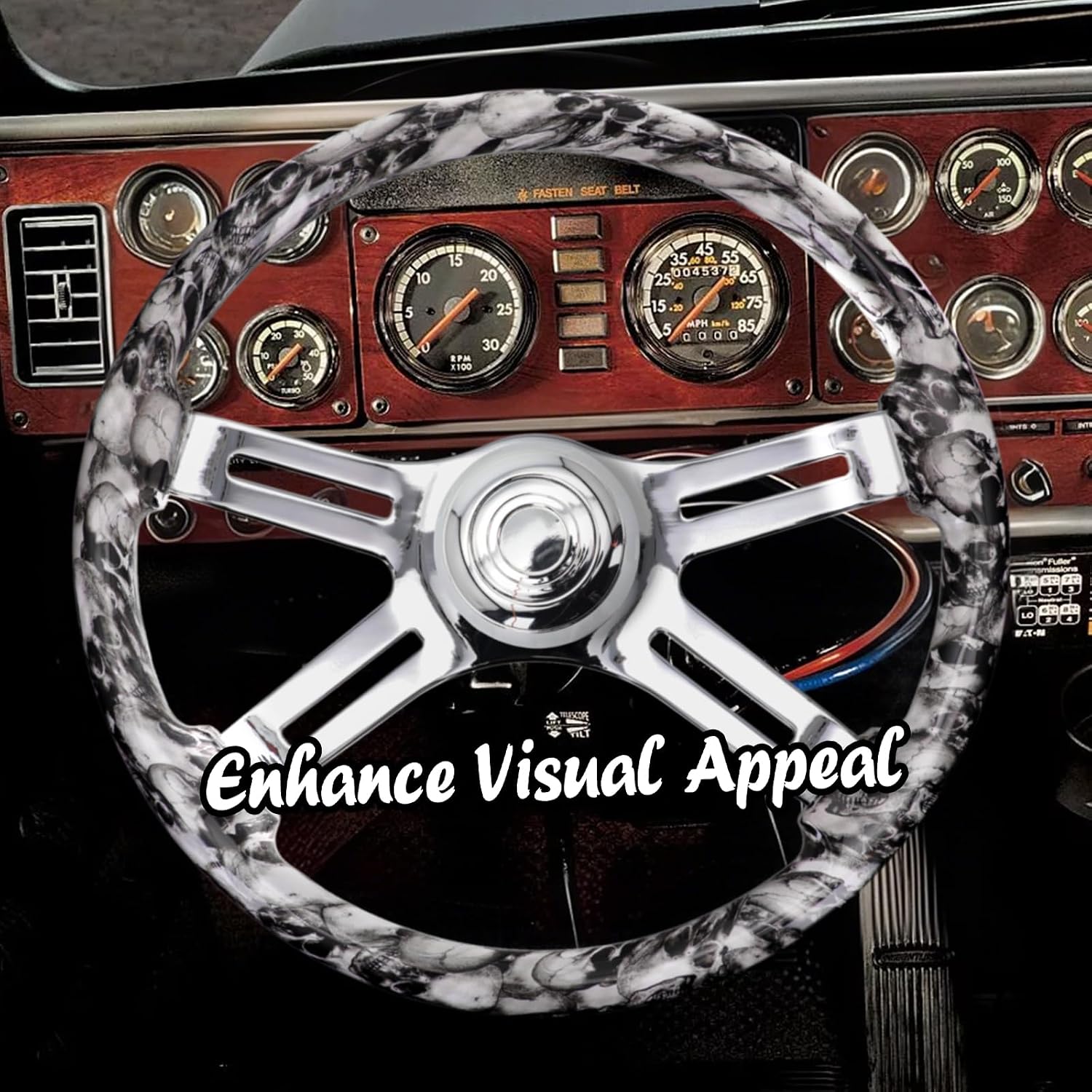 Sorghum 18' Solid Wood Steering Wheel - Hydrographic White Skulls 4 Spokes Aluminum Chrome Steering Wheel with Horn Button for Trucks Compatible with Mack Kenworth Peterbilt Volvo Freightliner