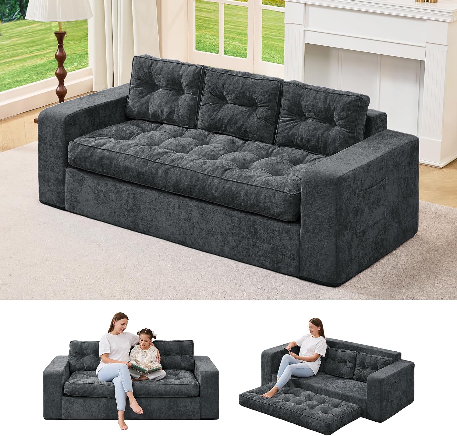 Hobestluk 3-Seater Sofa Boneless Couch with Tufted Button Design 2 in 1 Comfy Cloud Couch Oversized Sofa for Living Room Bedroom Apartment or Office (Blue Grey, 3 Seater)