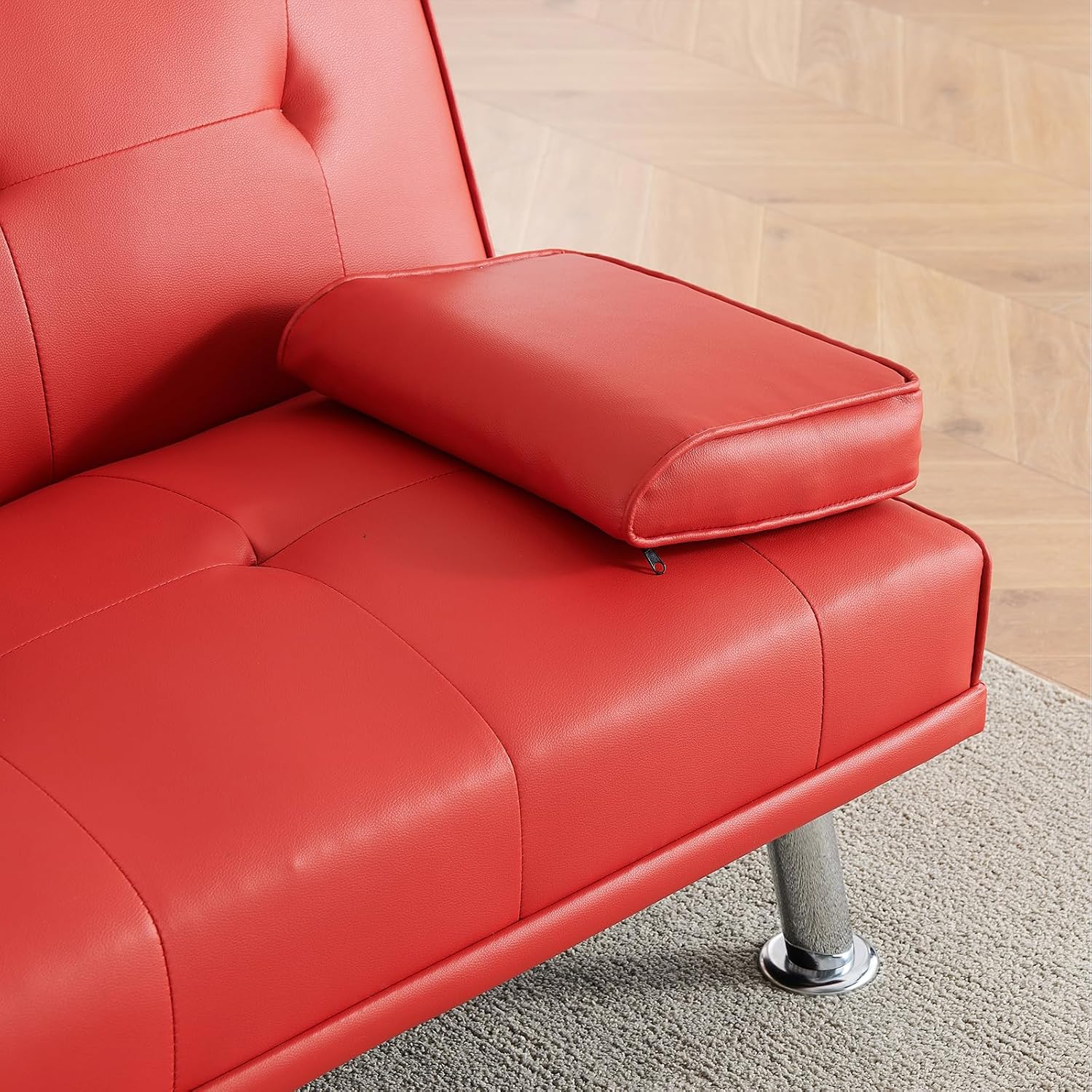 70' Futon Sofa Bed,Multifunctional Convertible Folding Futon Sofa Bed with Coffee Table, 3 Adjustable Reclining Sleeper Sofa, Small Leather Couch for Living Room/Bedroom Small Spaces (Red)