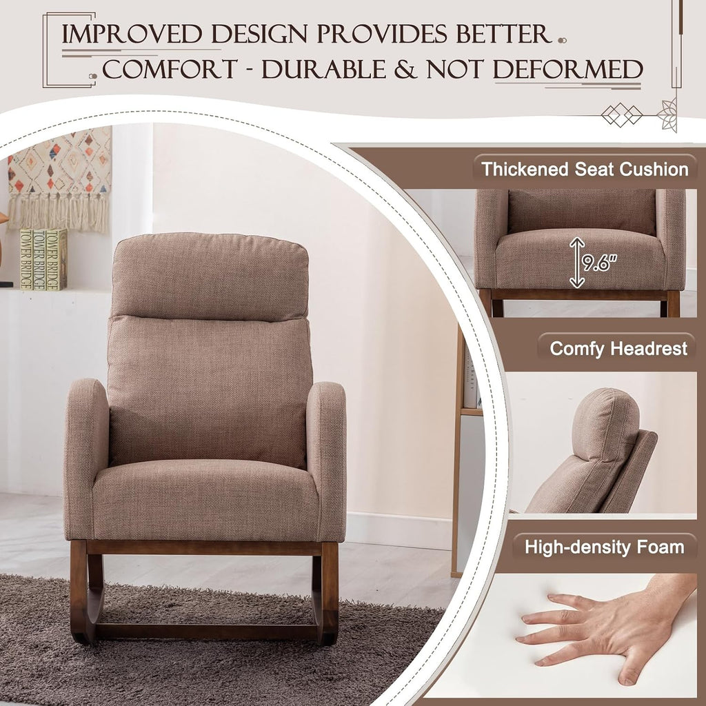 Upholstered Rocking Chair for Nursery, Accent Glider Rocker with Side Pocket, Comfy Armchair with Tall Backrest and Double Layer Cushion, Baby Nursery Glider for Living Room, Bedroom (Camel Brown)