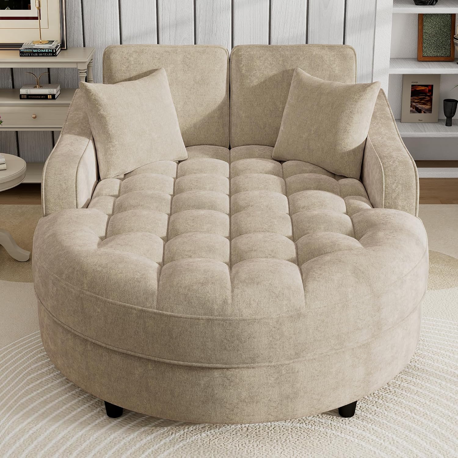Merax 55' Modern Chaise Lounge Sofa Bed, Chenille Upholstered Couch with Tufted Seat and Removable & Adjustable Pillows for Living Room, Champagne