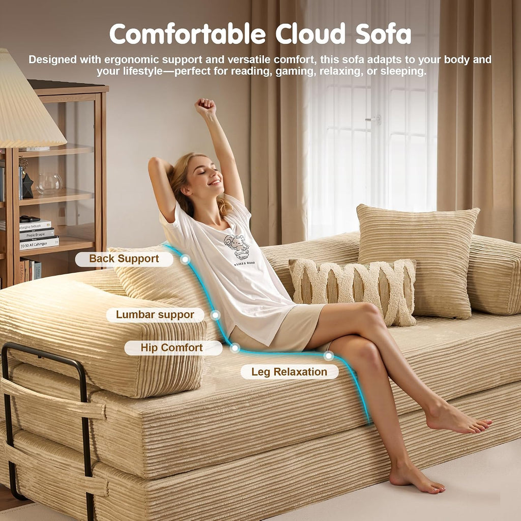 81″ Convertible Sleeper Sofa Bed with Pillows, Corduroy Foldable Mattress Couch with Fixed-Shape Frame, Futon Sofa Bed, Boneless Couch for Living Room Bedroom Lounge Studio, Beige