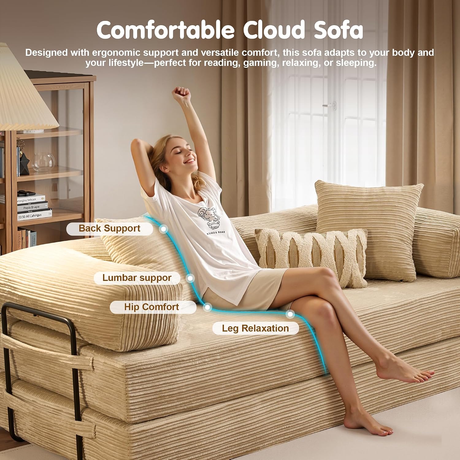 81″ Convertible Sleeper Sofa Bed with Pillows, Corduroy Foldable Mattress Couch with Fixed-Shape Frame, Futon Sofa Bed, Boneless Couch for Living Room Bedroom Lounge Studio, Beige