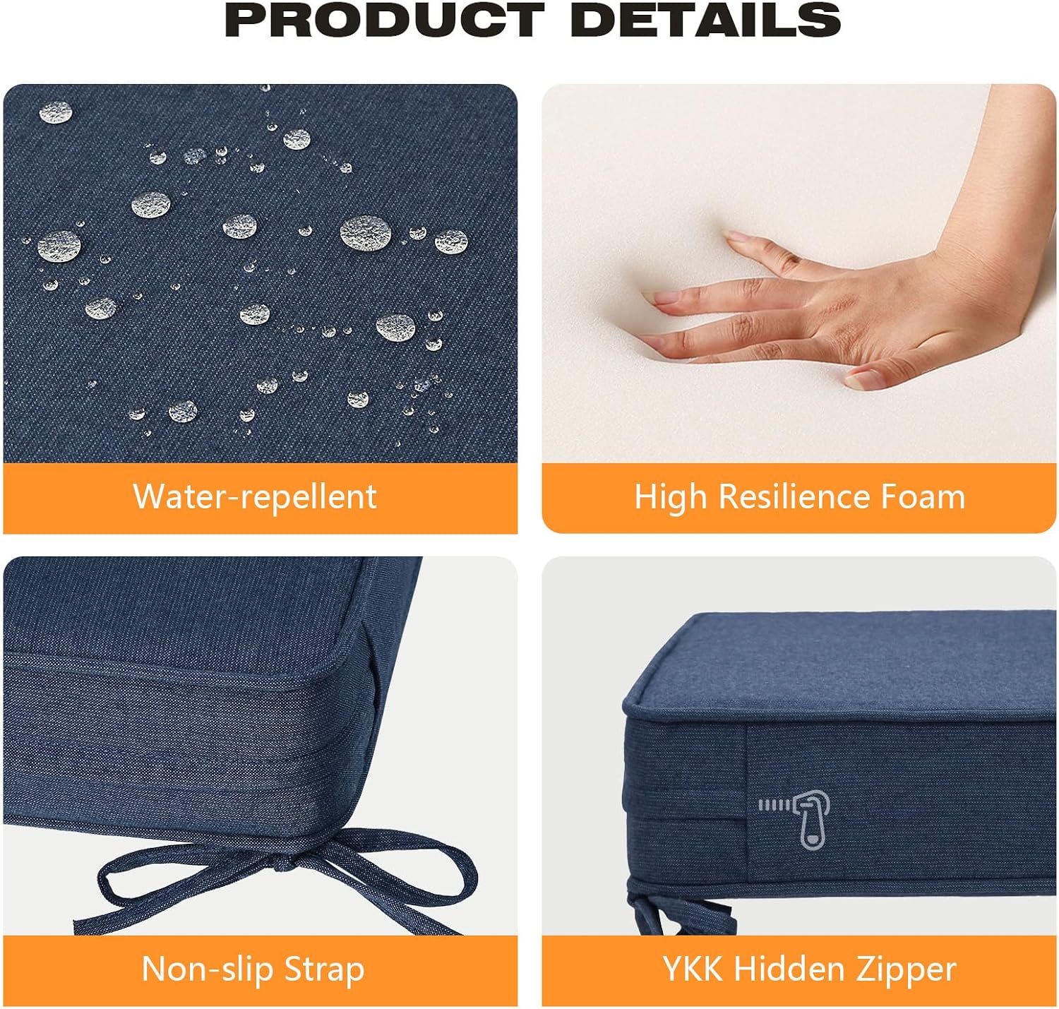 Unimatta Sunbrella Square Corner Seat Cushions, 18.5' x 16' x 3', Set of 4, Indoor Outdoor Water Repellent Universal Chair Pads with Ties for Patio Furniture, Garden Dining Chairs, Specrtum Indigo