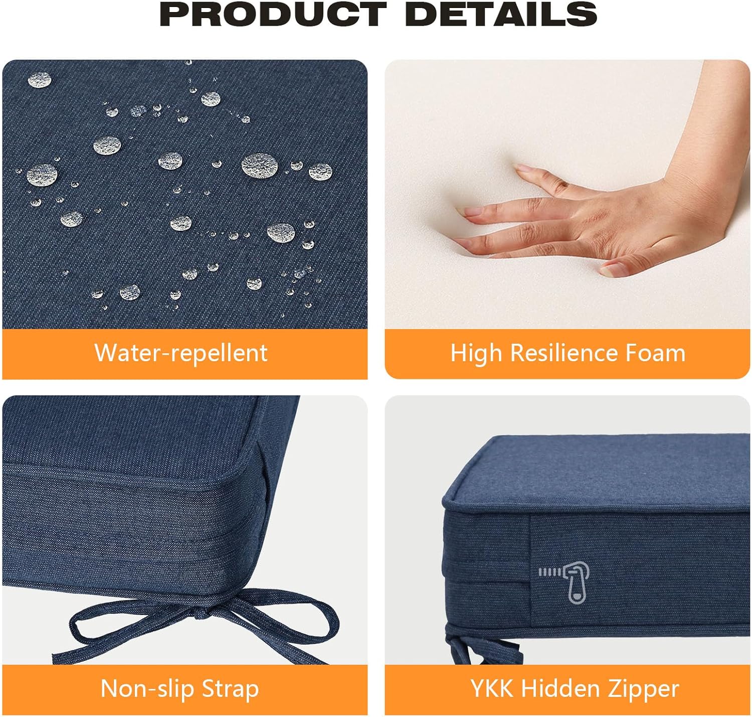 Sunbrella Square Corner Seat Cushions, 19' x 19' x 3', Set of 4, Indoor Outdoor Water Repellent Universal Chair Pads with Ties for Patio Furniture, Garden Dining Chairs, Specrtum Indigo