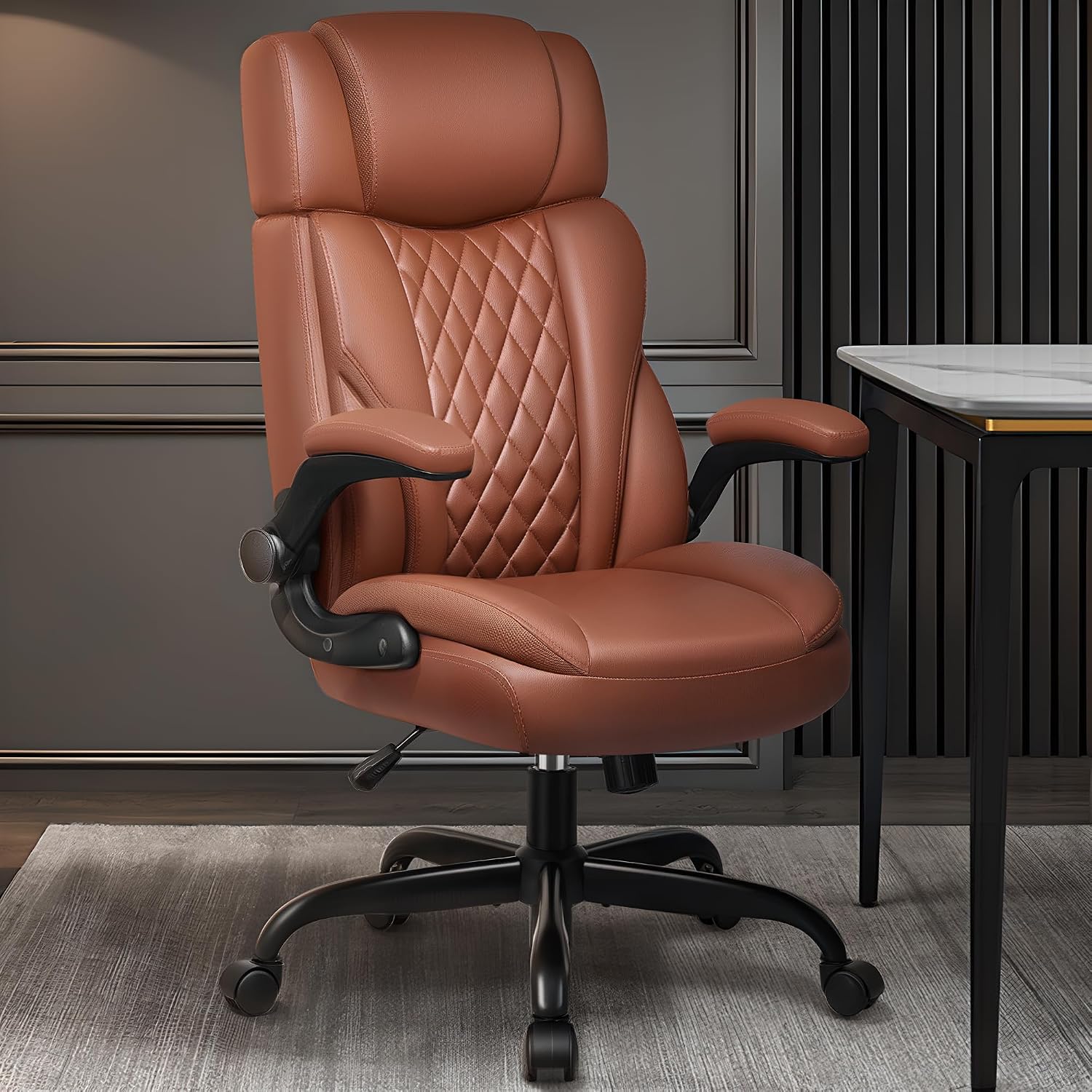 Office Chair Flip Up Arms, Executive Leather Office Chair Ergonomic Desk Chair with Lumbar Support, Adjustable Headrest, Computer Chair Home Office Desk Chair with Rocking Function