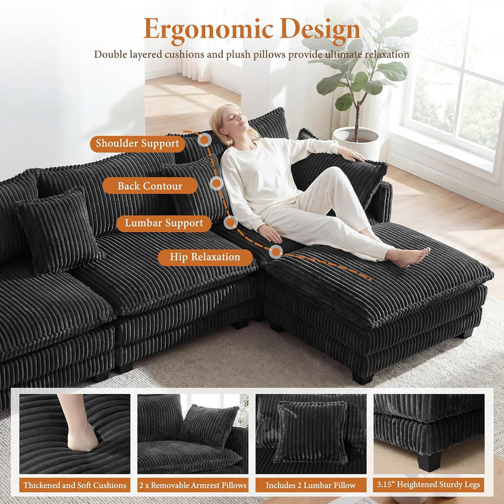 Vesgantti 143' L Shaped Modular Sectional Couch, Comfy Corduroy Upholstered Cloud Couches for Living Room, Modern 3 Seater Sofa with Movable Ottoman & Throw Pillows, Dark Grey