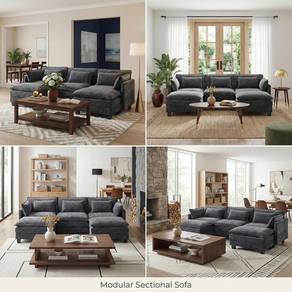 Pipishell 110.6' Modular Sectional Sofa, U Shaped Cloud Couch with Movable Ottoman, 5-Seat Chenille Deep Seat Cloud Modular Sectional Sofa with Throw Pillows for Living Room & Apartment, Grey