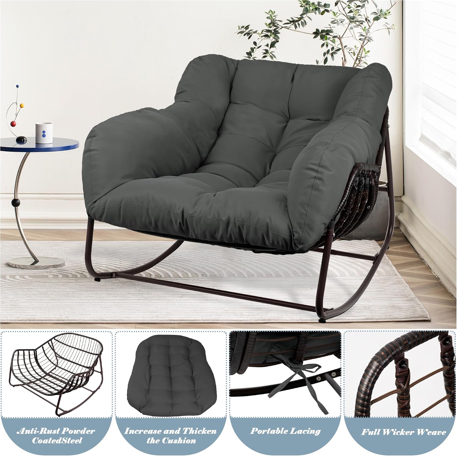 Papasan Rocking Chair Indoor & Outdoor, Oversized Patio Rocking Chairs with Padded Cushion& Pillow-Comfortable Rocker Egg Chair for Front Porch, Garden, Patio, Backyard,Grey,1PC