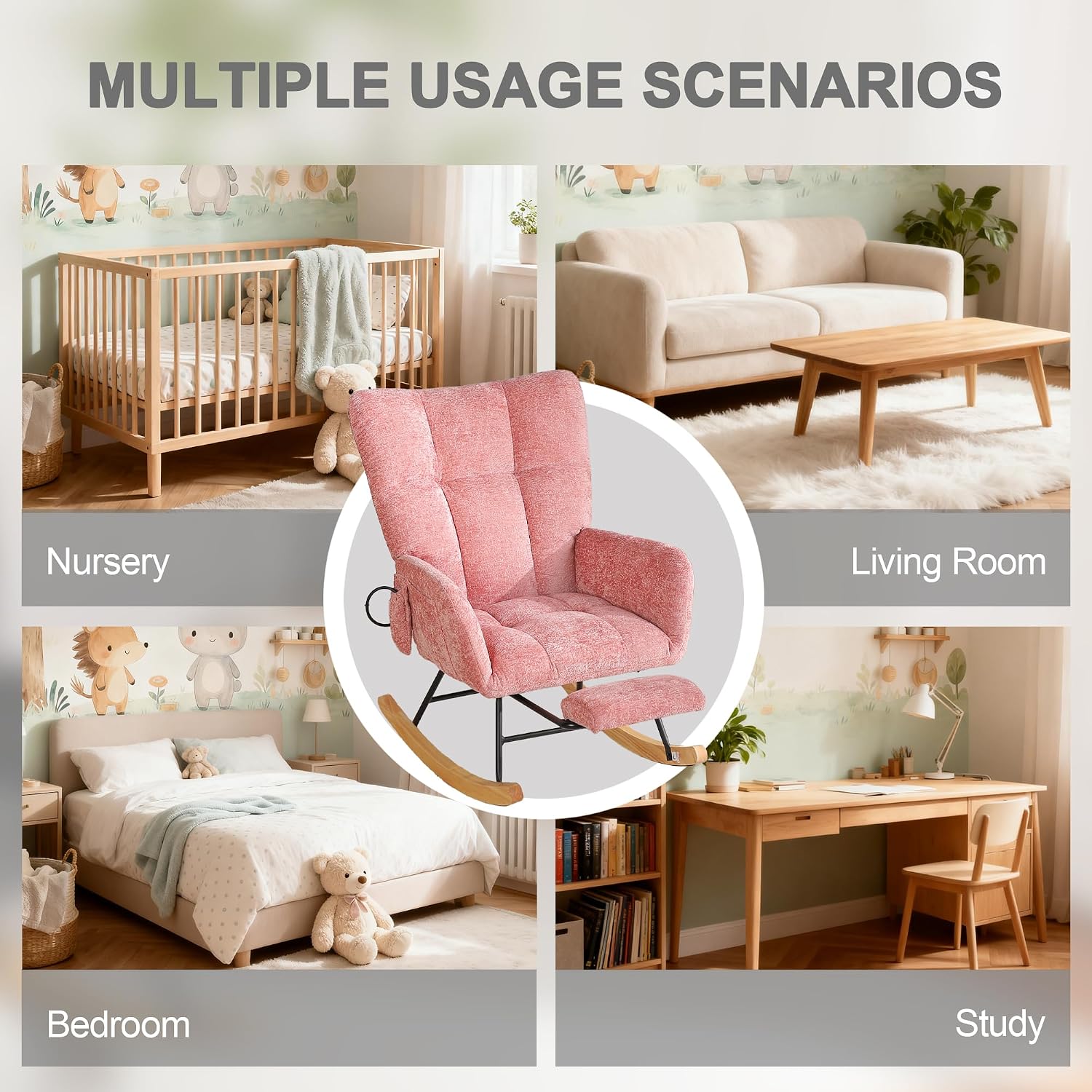 Rocking Chair Nursery with Airbag, Comfy Modern Nursery Rocking Reading Chair Indoor with Footrest, Cozy Upholstered Glider Rocker Chairs for Living Room Bedroom Offices(Chenille, Pink)