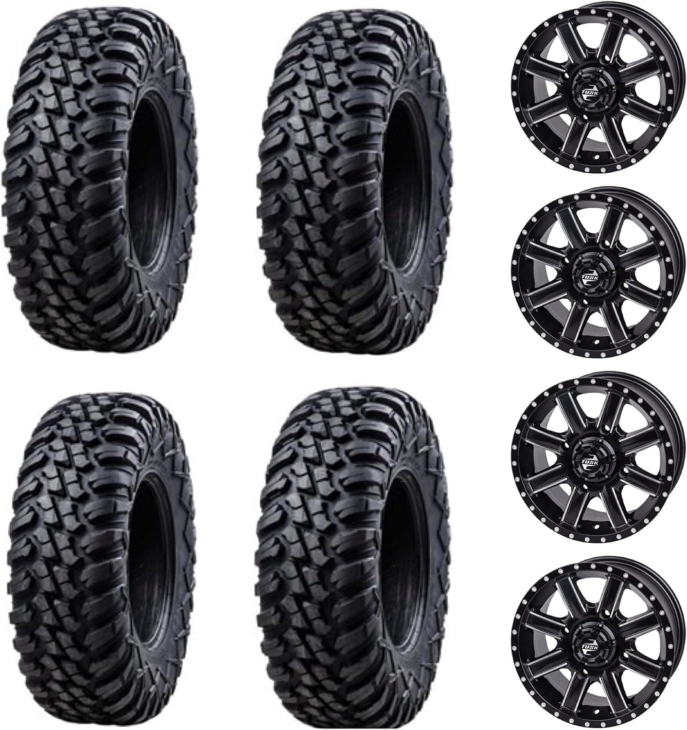 Tusk Racing Four 30x10-14 TERRABITE Heavy Duty 8-Ply Radial UTV Tires mounted on CASCADE Wheels - For POLARIS applications 4/156 bolt pattern Includes Lug Nuts (4+3 Offset, Machined/Black)