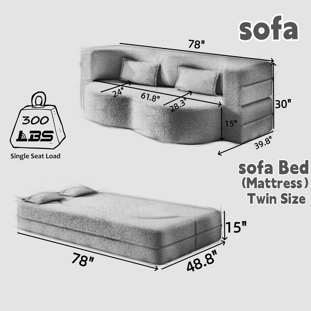 78' Twin Size Convertible Folding Sleeper Sofa Bed, Corduroy Futon Sofa Bed with Pillow, Foam Mattress Loveseat Cloud Couch, No Assembly Floor Couches for Living Room, Playroom, Apartment Baby Pink