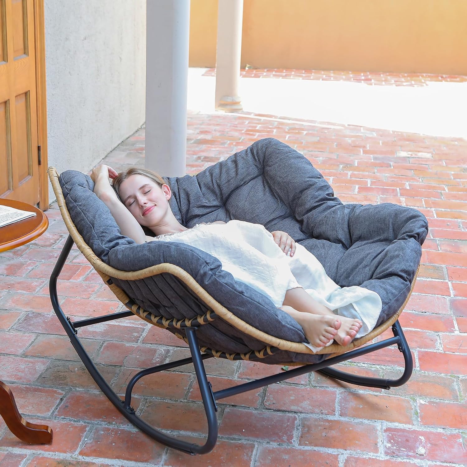 SWITTE Outdoor Rocking Chair, Indoor Papasan Rocking Lounge with Thick Cushion, Oversized Cozy Patio Rocker for Bedroom, Living Room, Porch, Garden, Lawn-Dark Grey