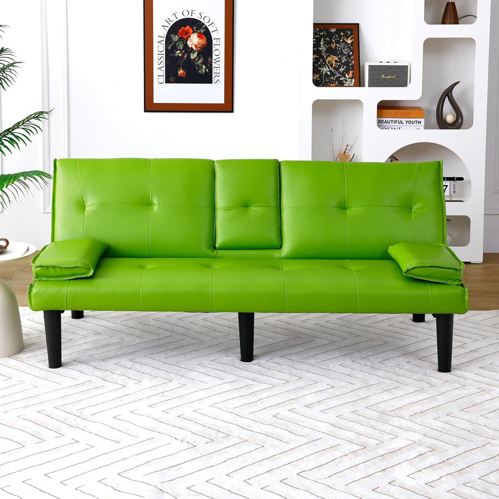 KEIKI 67' Convertible Sofa Bed with Cup Holder, 3 in 1 Futon Sofa Bed, PVC Sleeper Sofa Chair for Living Room, Office, Green