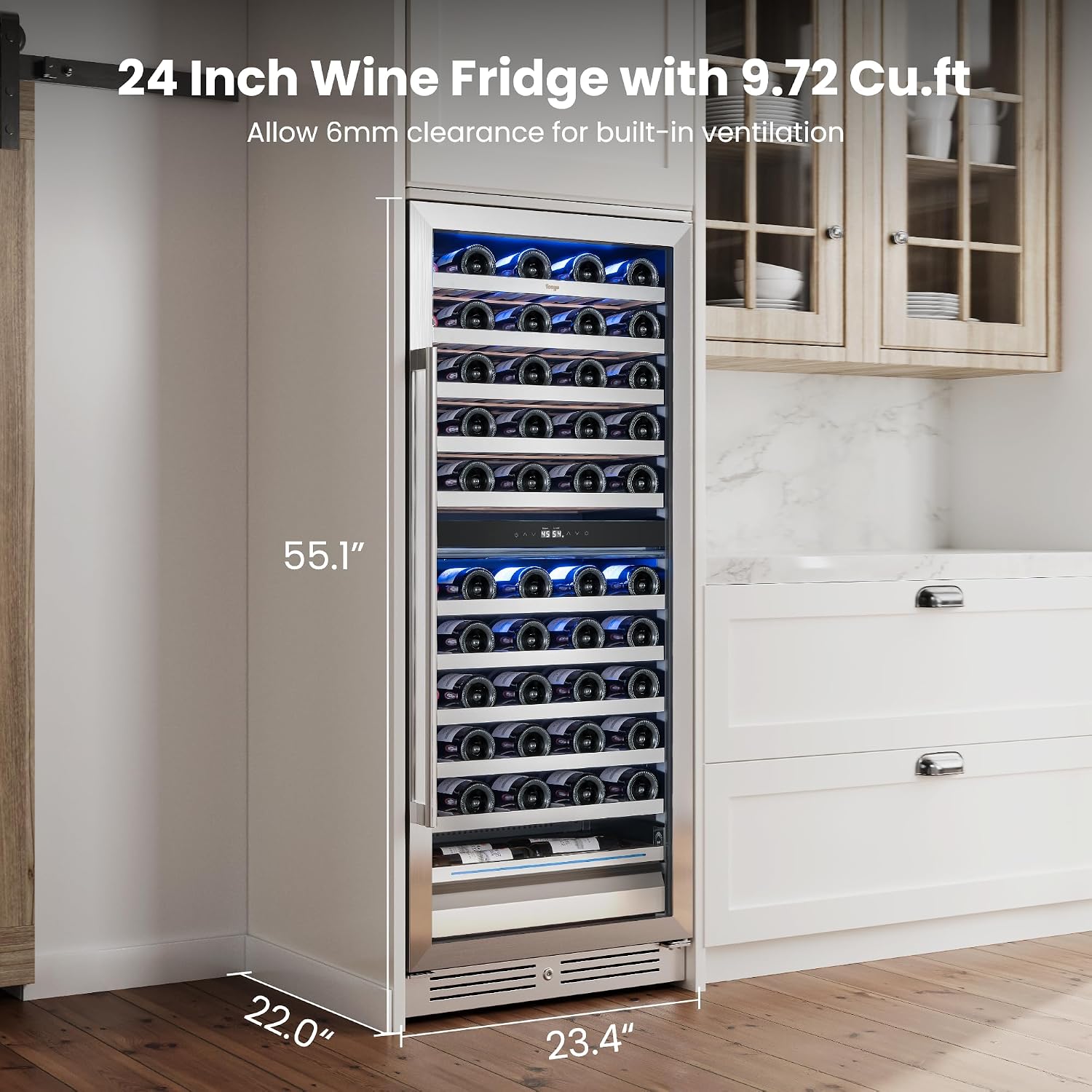 Yeego 24 Inch Wine Fridge, 40°F-65°F Dual Zone Wine Cooler Refrigerator, 304 Stainless Steel Glass Door Lock, Temp Memory Blue & White LED Built-in Fridge with Adjustable Shelves (89 Bottle)