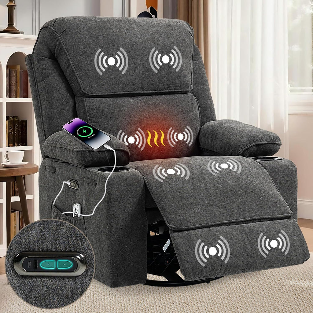 Power Recliner with Rocking, Swivel & Glider - Nursery Chair with One-Touch Button, Vibrating Massage & Heat, USB Charging Ports, Perfect for Nursery, Living Room, or Bedroom Relaxation, Dark Gray