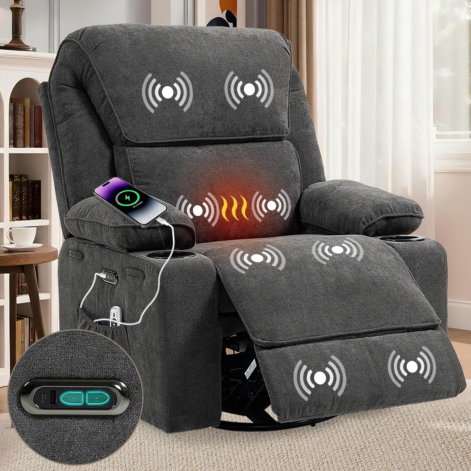 Power Recliner with Rocking, Swivel & Glider - Nursery Chair with One-Touch Button, Vibrating Massage & Heat, USB Charging Ports, Perfect for Nursery, Living Room, or Bedroom Relaxation, Dark Gray