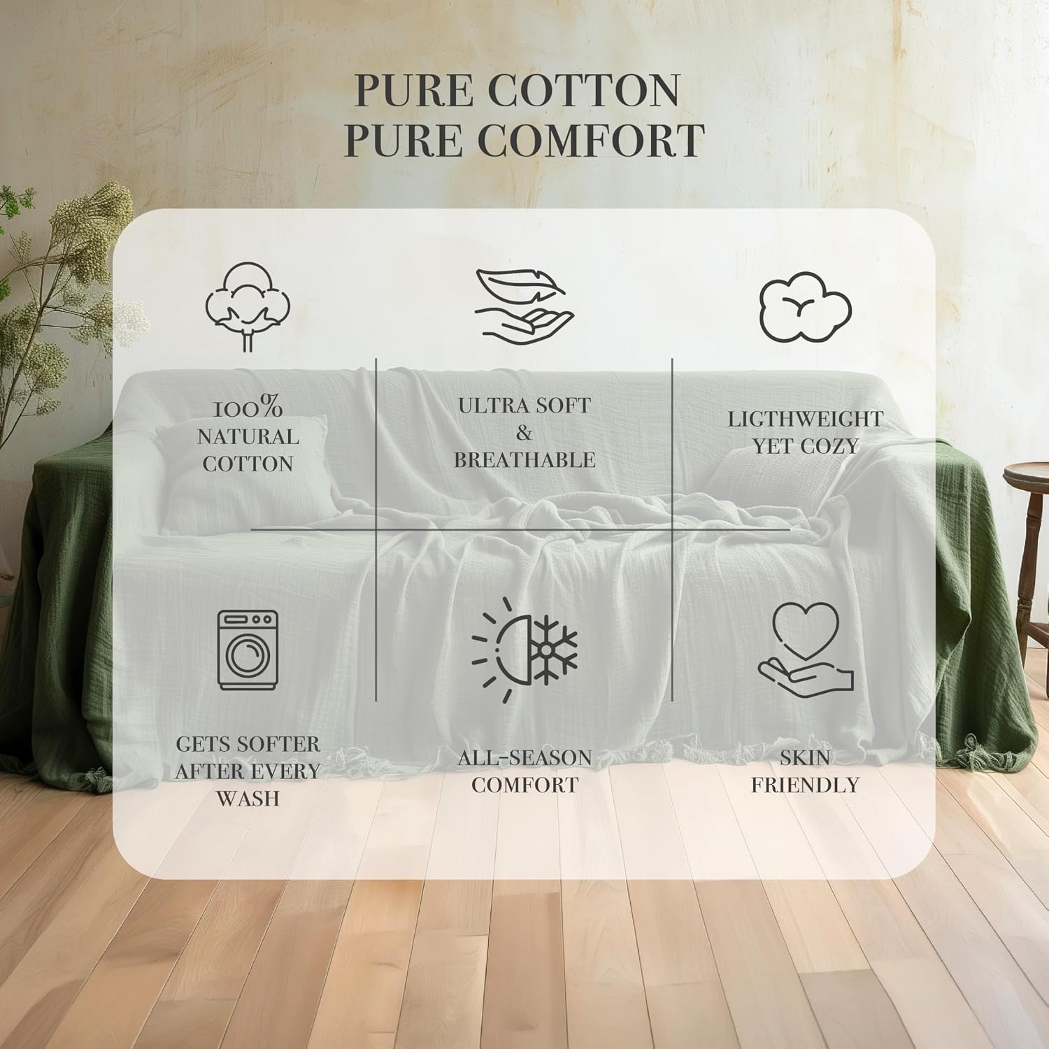 Washable Sofa Cover%100 Pure Cotton, Green Couch Covers for Loveseat, Futon, Sofa, Sectional L Shape, U Shape, 4 Layered Natural Muslin Cloud Like Boho Couch Cover (Green, 70x118/177x300cm)