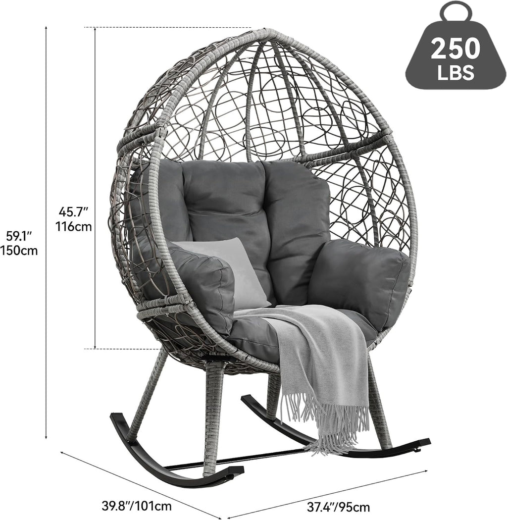 YITAHOME Wicker Rocking Egg Chair, Outdoor Patio Rocking Chair with 5.9in Thick Cushion, 250lb Capacity, Anti-Slip, All-Weather Resilient Egg Lounger Chair for Indoor & Outdoor, Grey(1 Pack only)