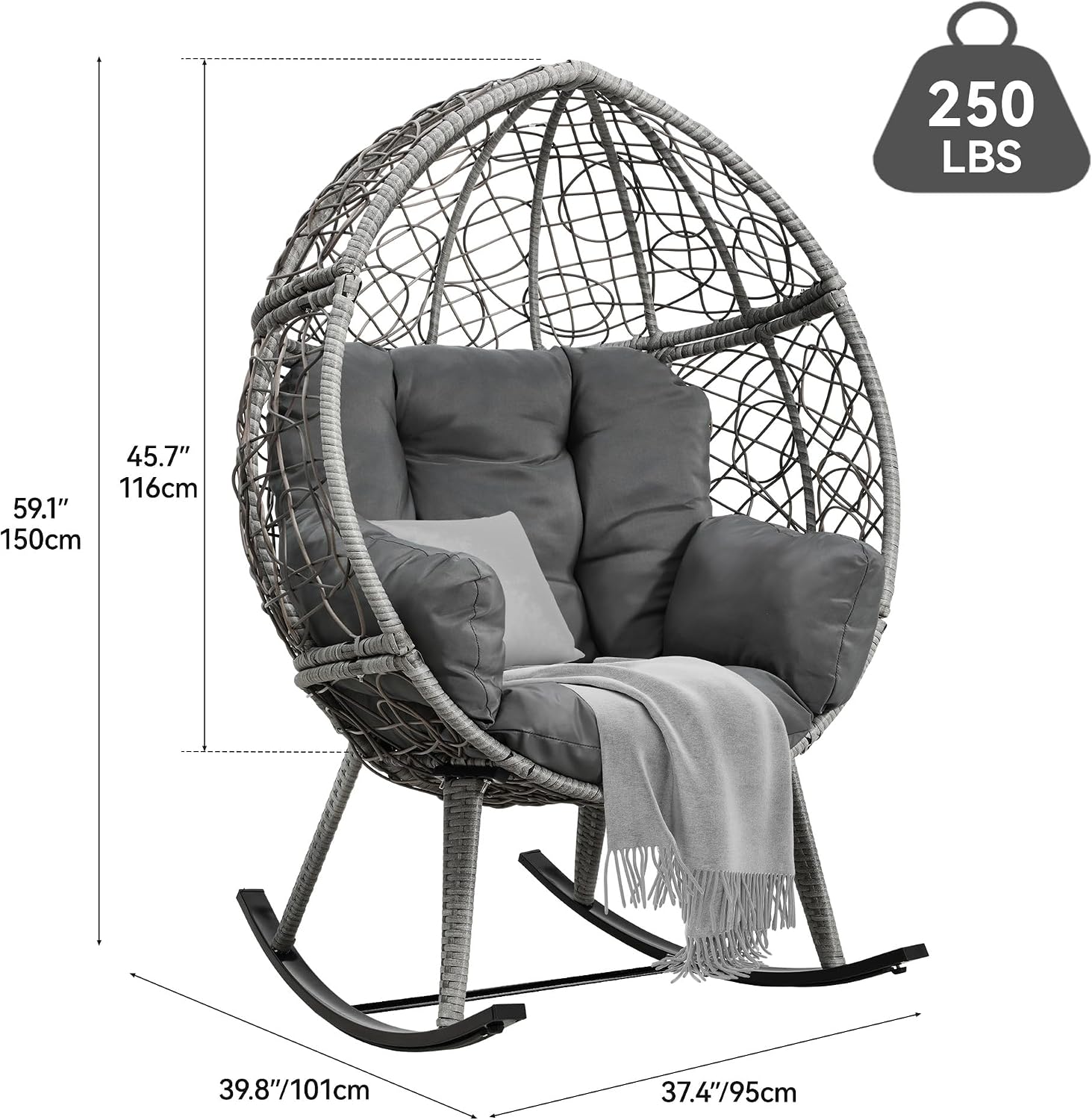 YITAHOME Wicker Rocking Egg Chair, Outdoor Patio Rocking Chair with 5.9in Thick Cushion, 250lb Capacity, Anti-Slip, All-Weather Resilient Egg Lounger Chair for Indoor & Outdoor, Grey(1 Pack only)