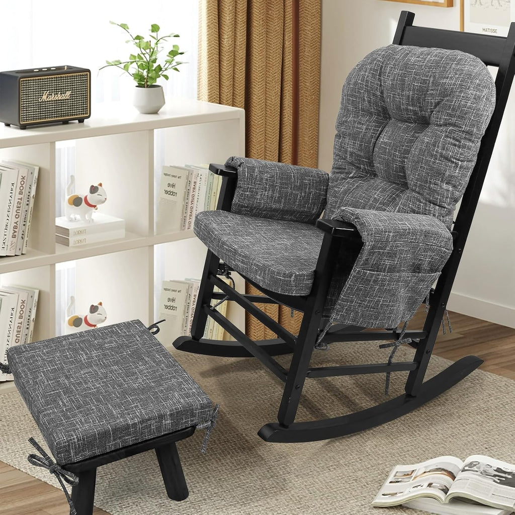 SINOSSO Glider Rocker Cushion Set (5 Pcs), Soft Blended Fabric High-Density Support Foam Seat Cushions with Ties, Fits Rocking Chair/Nursery Glider & Ottoman, Light Gray