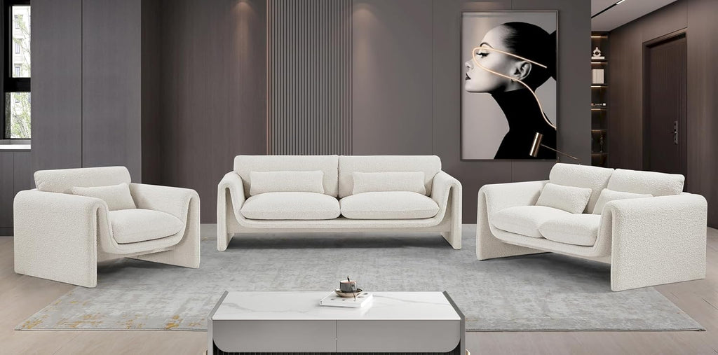 Meridian Furniture 198Cream-S Stylus Collection Modern | Contemporary Boucle Fabric Upholstered Sofa with Rich Cream Boucle Fabric, Curved Arms, 86' W x 38' D x 31' H, Cream