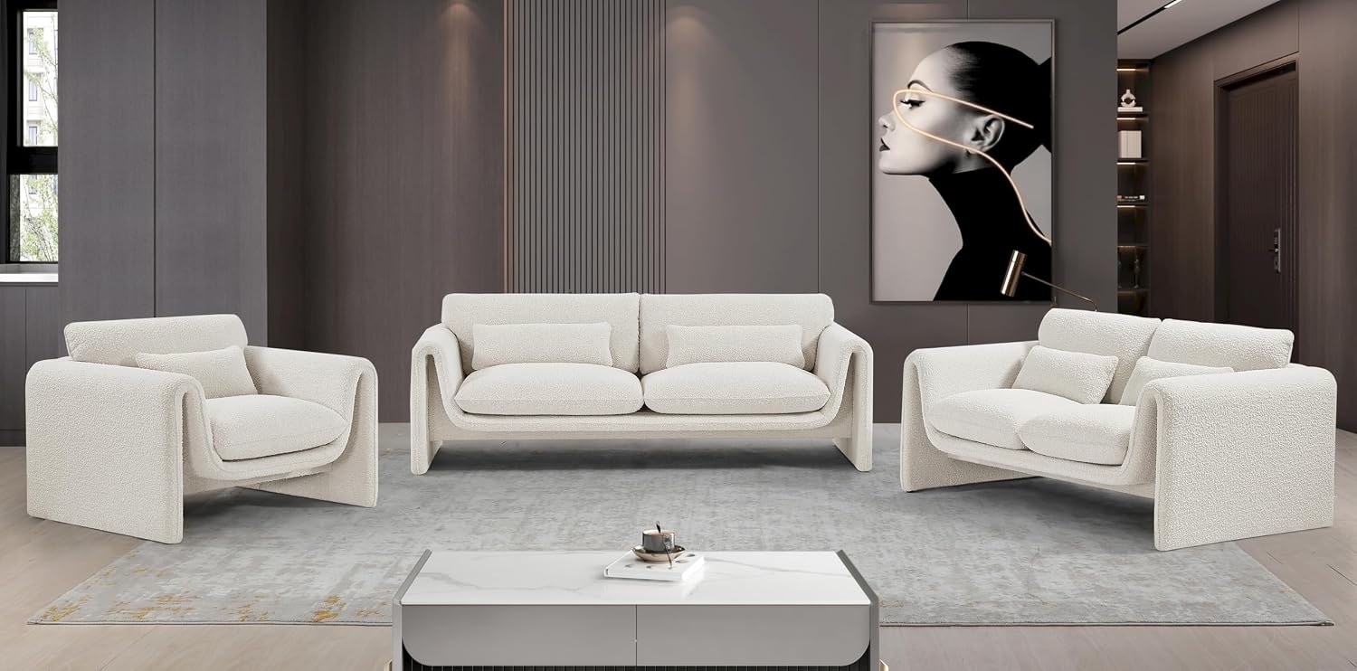 Meridian Furniture 198Cream-S Stylus Collection Modern | Contemporary Boucle Fabric Upholstered Sofa with Rich Cream Boucle Fabric, Curved Arms, 86' W x 38' D x 31' H, Cream