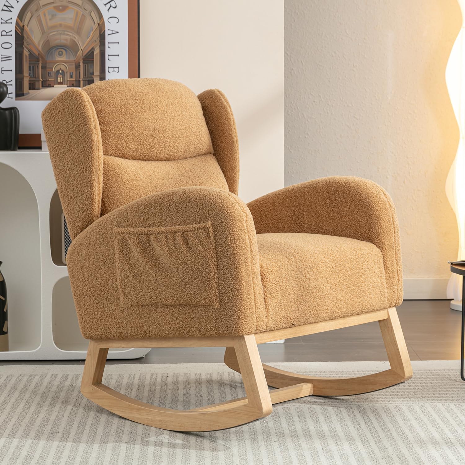 Cloud Rocking Chair Nursery, Comfy Glider Nursery Chair with Foot Rest, Upholstered Rocker, Modern Accent Reading Armchair with Solid Wood Base for Living Room, Bedroom (40' Khaki)