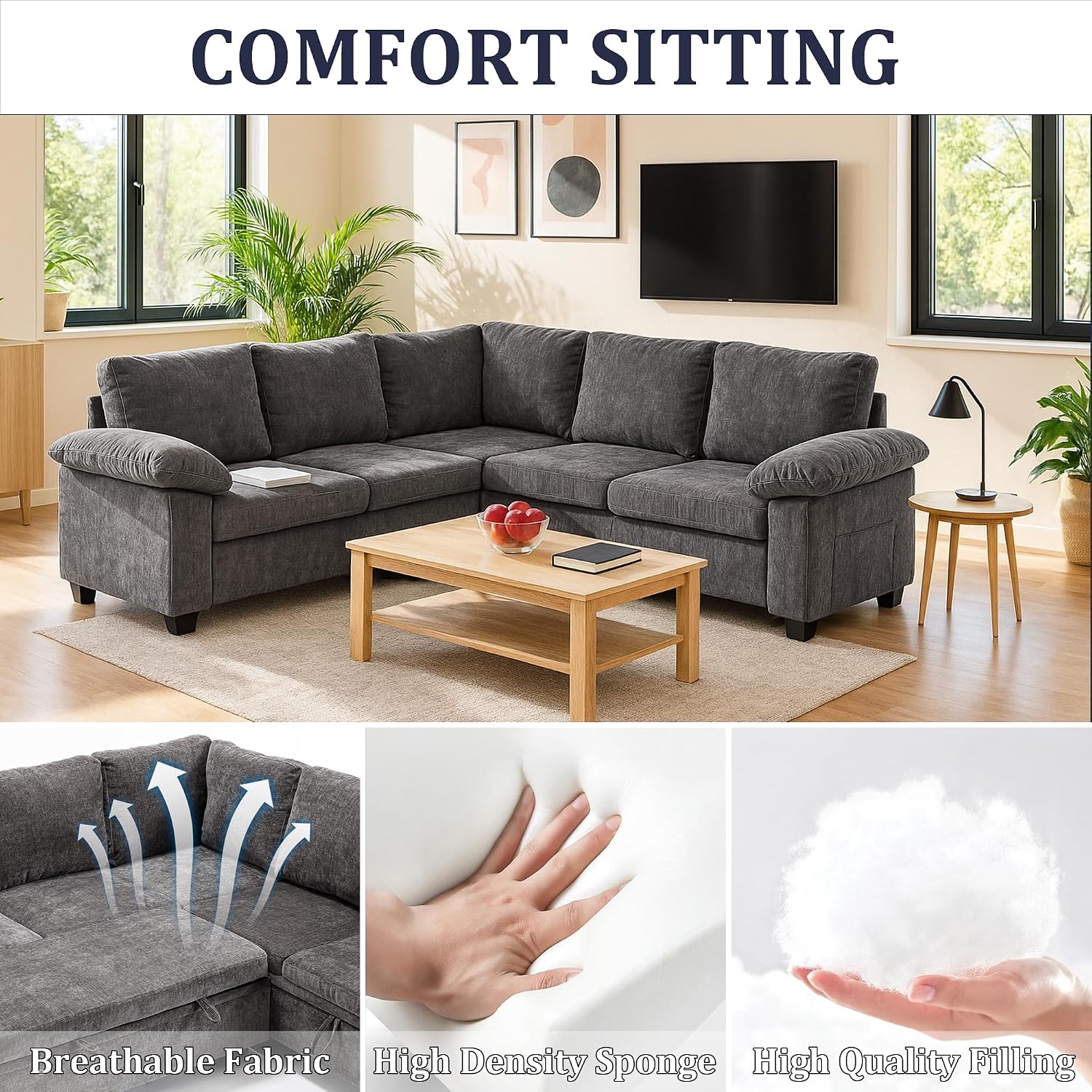 86 Inch Sectional Sleeper L Shaped Sofa with Pull Out Bed, Modular Sectional Sofa with Storage, Modern Chenille Cloud Couch, Sectional Couches for Living Room, Gray