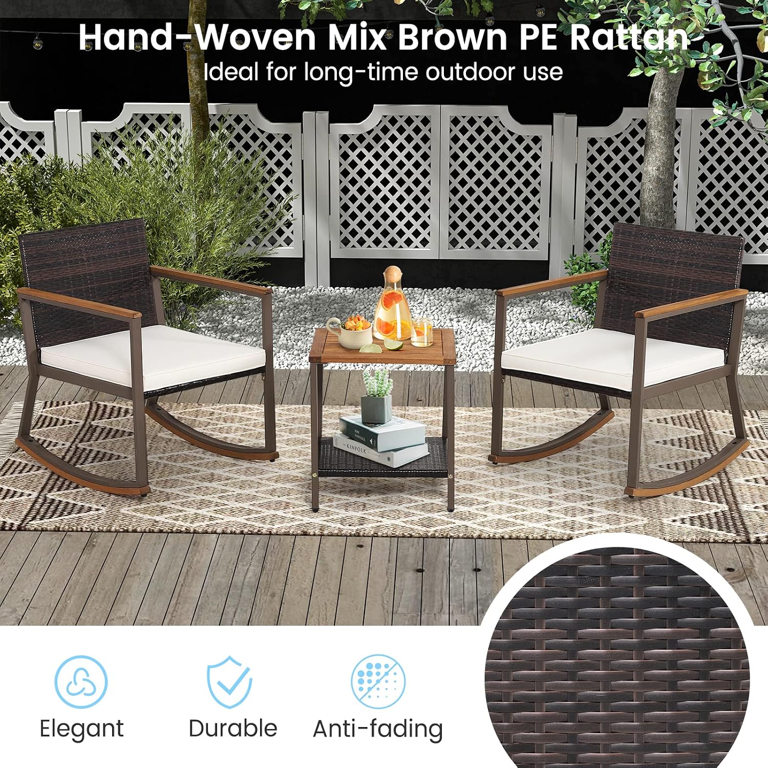 Outdoor Rocking Chair Set, 3 Pieces Patio Set Rocking Chair with Coffee Table & Cushions, Patio Wicker Furniture Set Outdoor Bistro Set for Balcony, Porch & Backyard (White)
