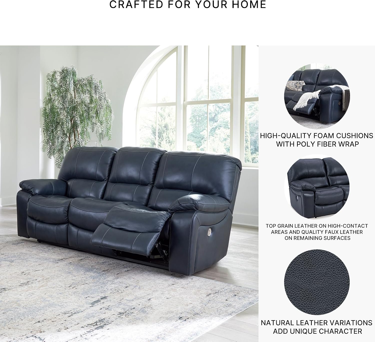 Signature Design by Ashley Leesworth Power Reclining Sofa, Leather Match Wall Hugger Reclining Sofa with One-Touch Power, Zero-Draw USB, 3 Seat Recliner Couch for Living Room, Brown