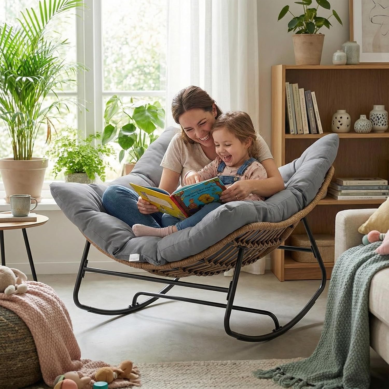 COSIEST Oversized Papasan Rocking Chair with Extra Thick Cushion - 45 in Rattan Wicker Egg Chair for Indoor/Outdoor Use, Swivel Lounge Chair for Patio, Living Room, Bedroom, Grey