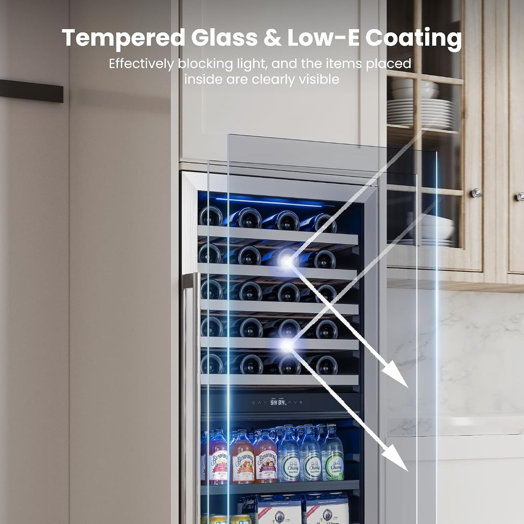 Yeego 24 Inch Wine Fridge – 34°F-65°F Wine and Beverage Cooler, 304 Stainless Steel Glass Door Lock, Temp Memory Blue & White LED Built-in Fridge with Adjustable Shelves (112 Can+40 Bottle)