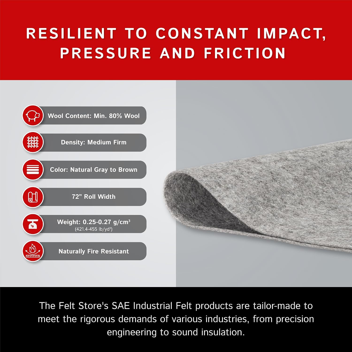 The Felt Store F-7 Industrial Felt – 72 Inch Wide x 3 Foot Long x 1/2 Inch Thick – SAE Pressed Felt for Automotive, Construction, Machinery Components