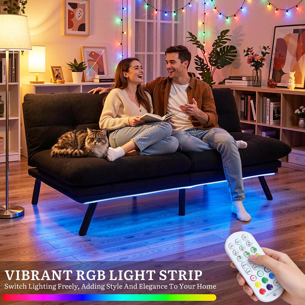 YITAHOME Convertible Futon Sofa Bed with Adjustable 3 Color Light Strip, 70' Folding Futon Set for Living Room Home Office Aprtment, Modern Futon Couch with Adjustable Backrest & Armrests, Black