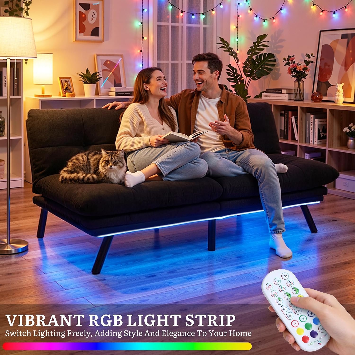 YITAHOME Convertible Futon Sofa Bed with Adjustable 3 Color Light Strip, 70' Folding Futon Set for Living Room Home Office Aprtment, Modern Futon Couch with Adjustable Backrest & Armrests, Black