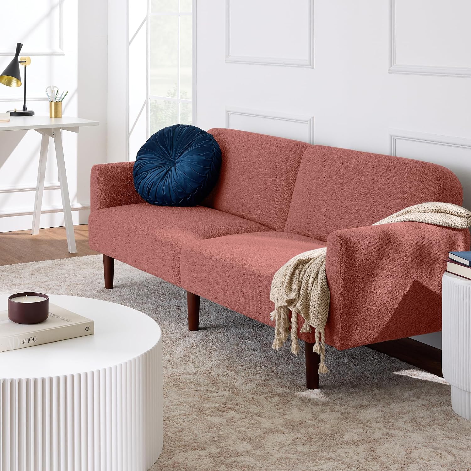 Best Choice Products 77' Mid Century Modern Boucle Loveseat Sofa, Couch, Convertible Sofa Sleeper Bed w/Real Wood, Removable Armrest - Mauve